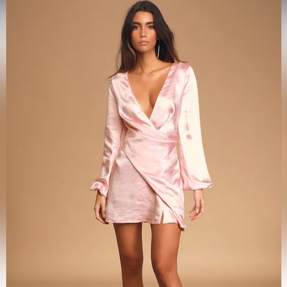 Lulus As Always Pink Satin balloon sleeve Mini Dress - Picture 2 of 10